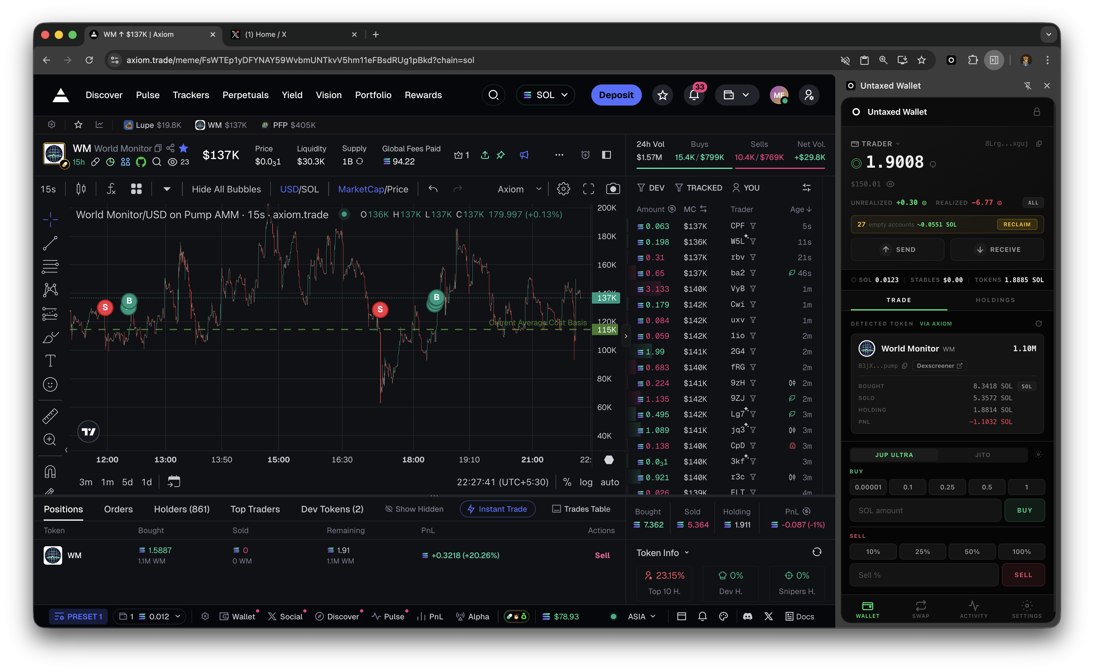 Untaxed Wallet running alongside Axiom trading terminal